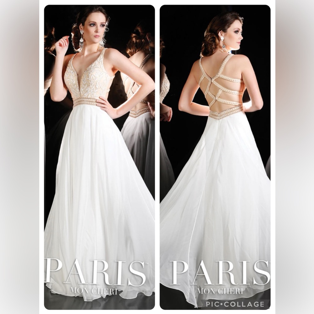 Paris by Mon Cheri champagne beaded bodice fit and flare long gown